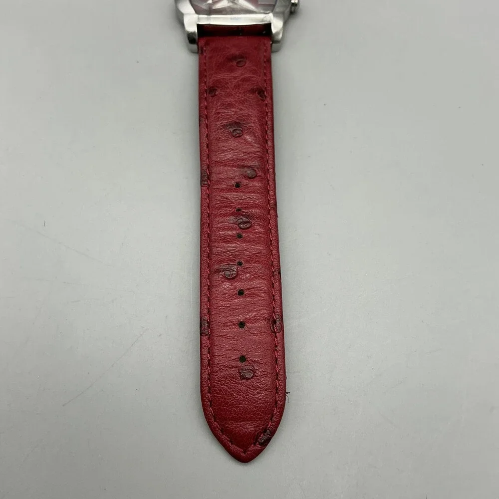 Croton Womens Watch 33mm Silver Tone Red Cushion Ostrich Leather New Battery